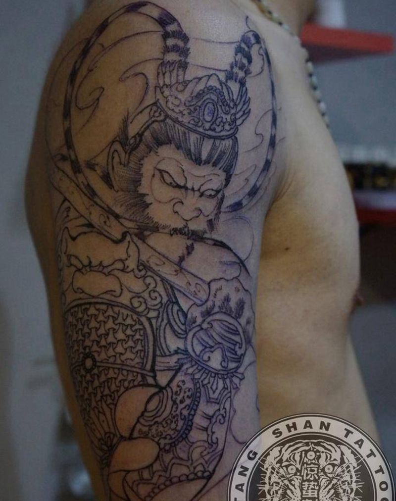 悟空包大臂线稿纹身图片_成品手臂传统鬼神惊蛰刺青纹身图案