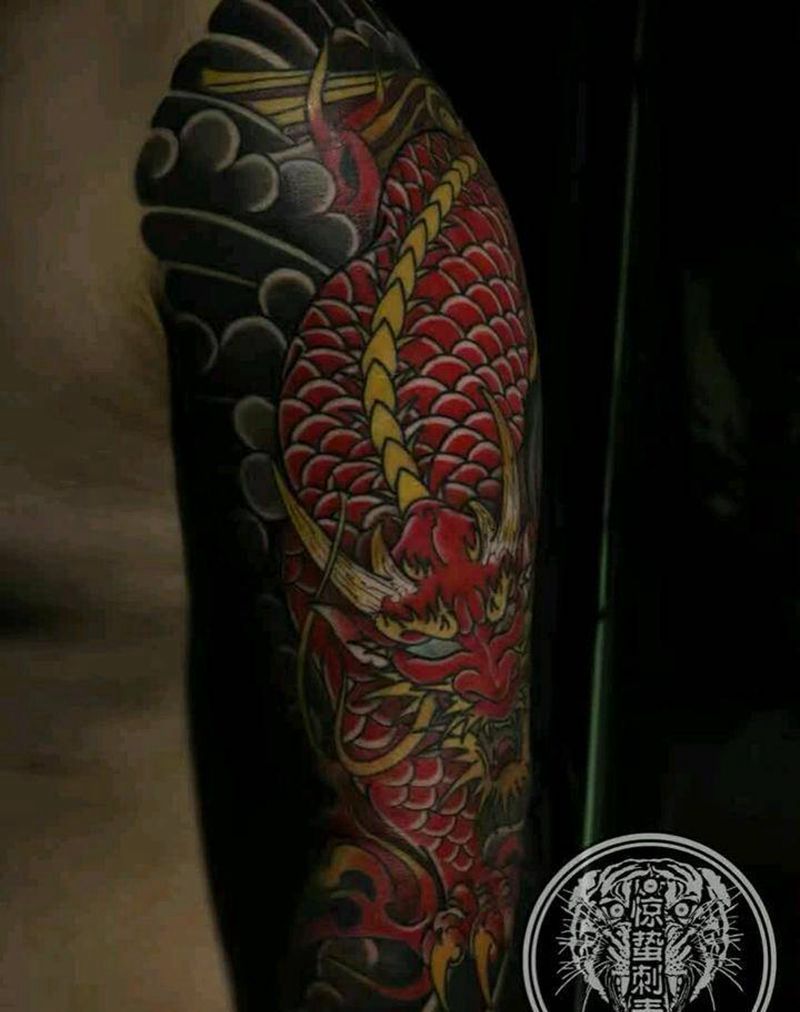 老传统龙花臂纹身图片_手臂传统鬼神唐山惊蛰成品纹身图案
