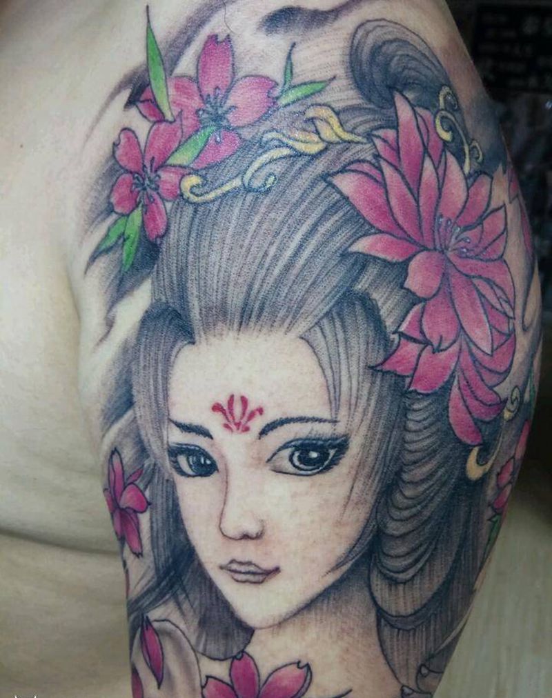 艺妓纹身图片_肩部手臂传统清新人物原创手稿插画纹身图案