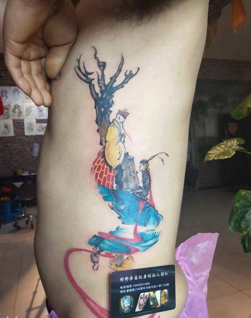 猴子拜师纹身图片_腹部腰部背部传统人物鬼神宗教成品纹身图案