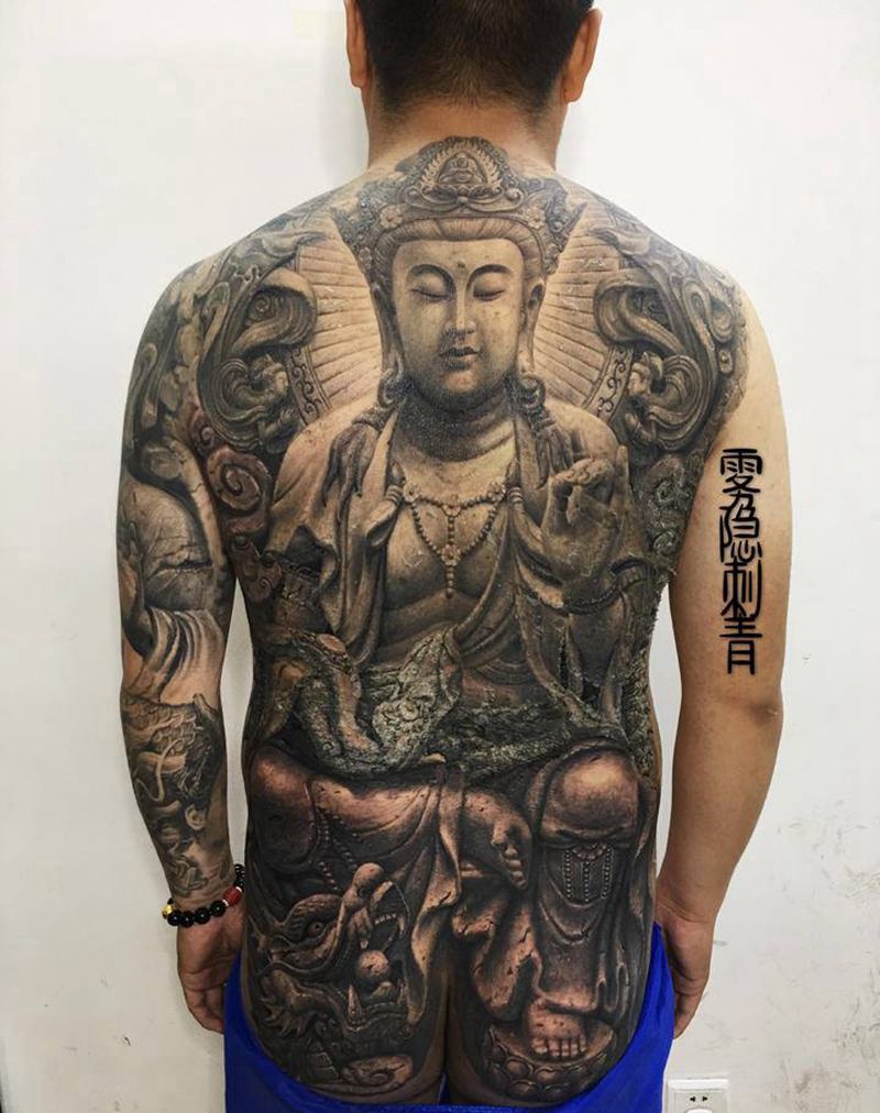 如意观音纹身图片_臀部背部新传统石雕，菩萨纹身图案