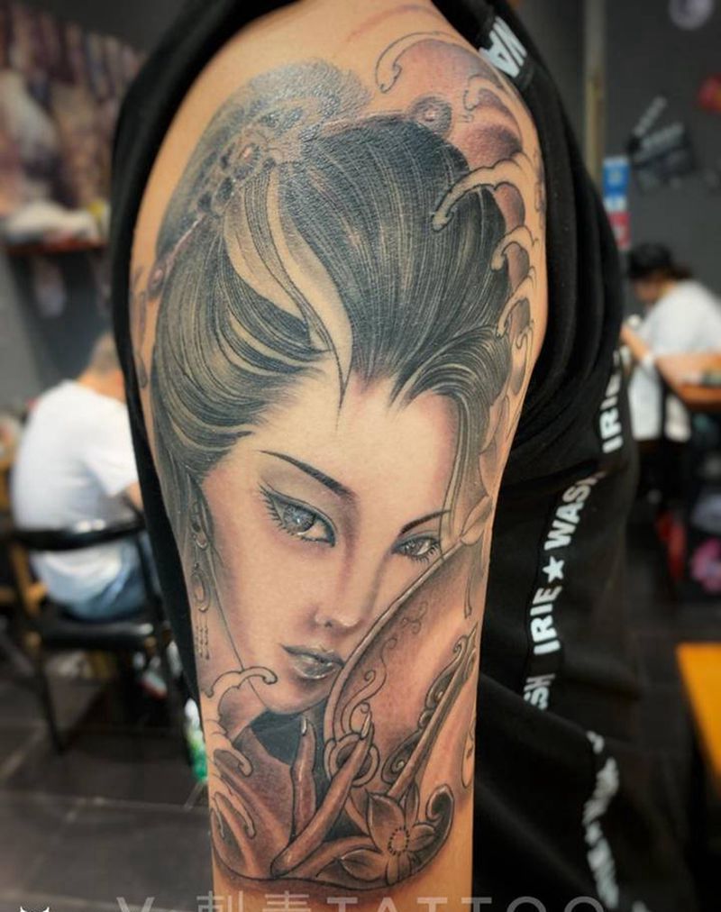 艺伎纹身图片_手臂肩部新传统纹身图案