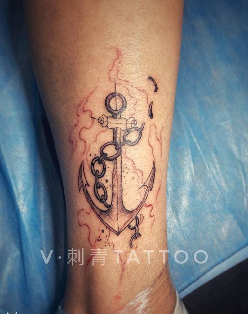 水墨船锚纹身图片_手臂腿部水墨水彩纹身图案