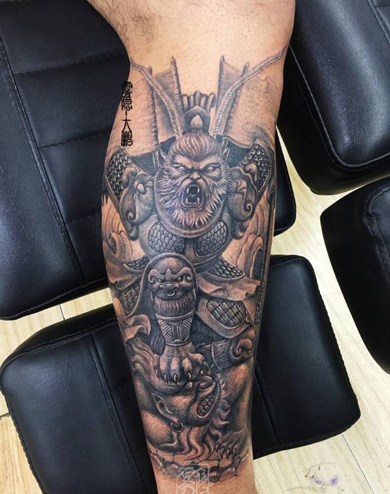 大圣归来纹身图片_腿部新传统纹身图案