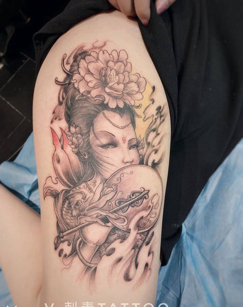 艺伎纹身图片_腿部手臂新传统纹身图案