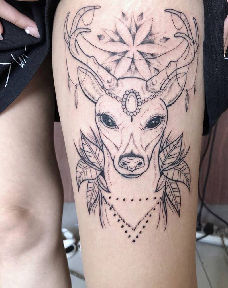 鹿纹身图片_腿部纹身图案