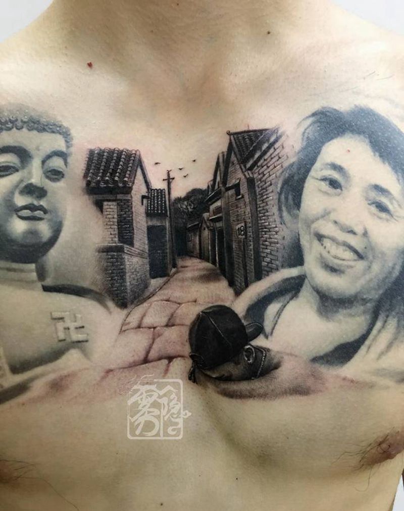 梦纹身图片_胸部欧美写实北京胡同纹身图案