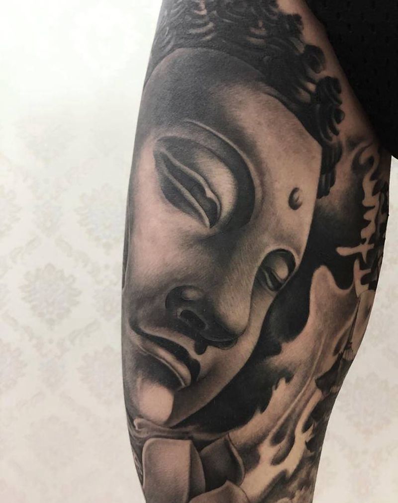 半佛半魔胎记遮盖纹身图片_腿部纹身图案