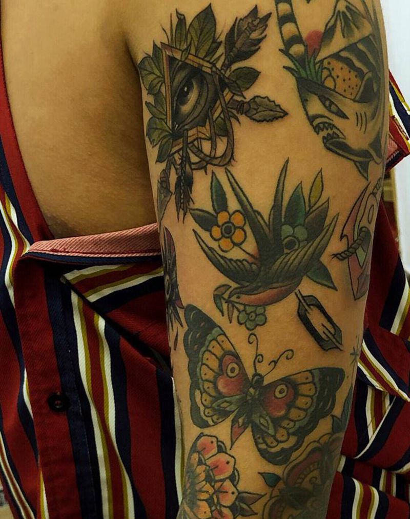 拼接花臂纹身图片_Old School纹身图案