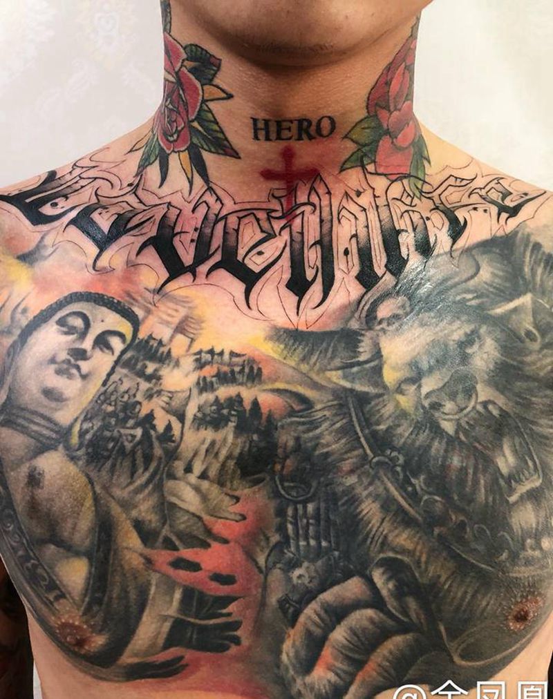 花体字添加花胸恢复后纹身图片_胸部纹身图案