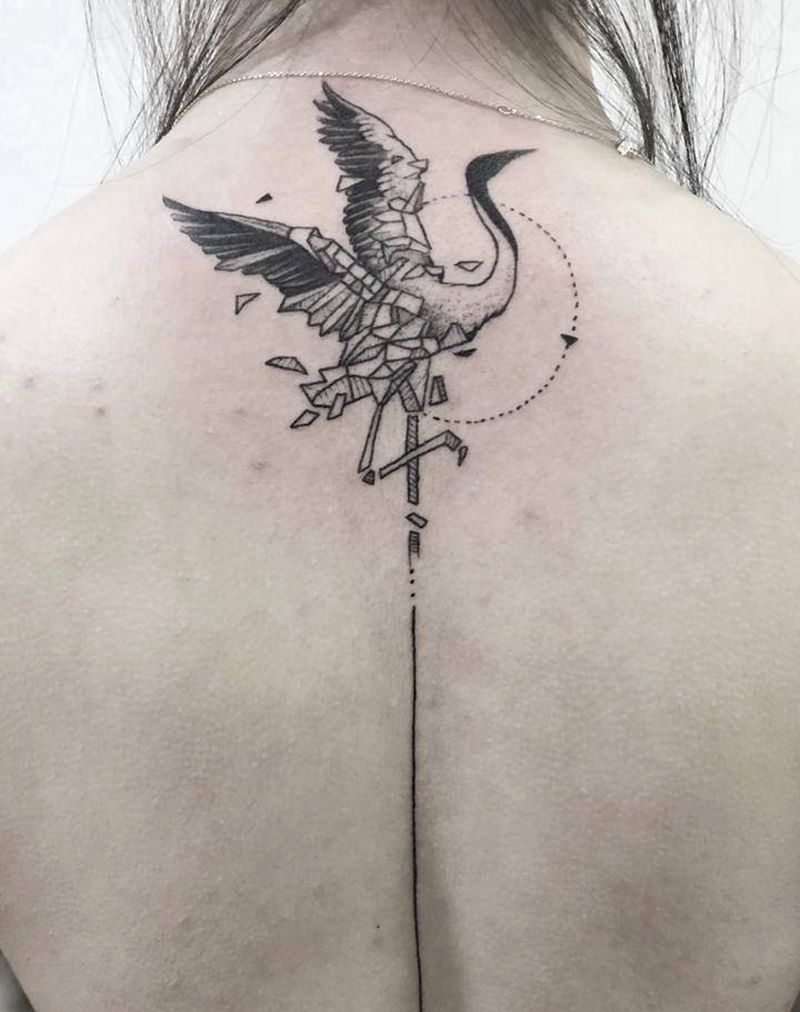 几何仙鹤纹身图片_背部纹身图案