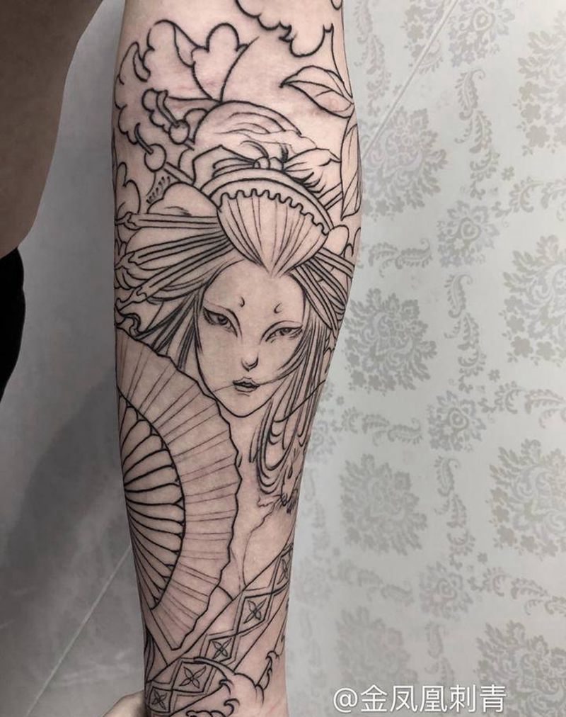 花臂线条纹身图片_手臂纹身图案