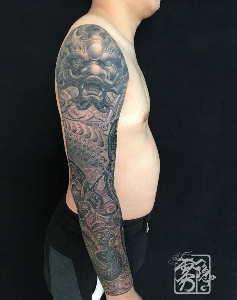 石雕机械龙凤臂纹身图片_手臂欧美写实新传统纹身图案