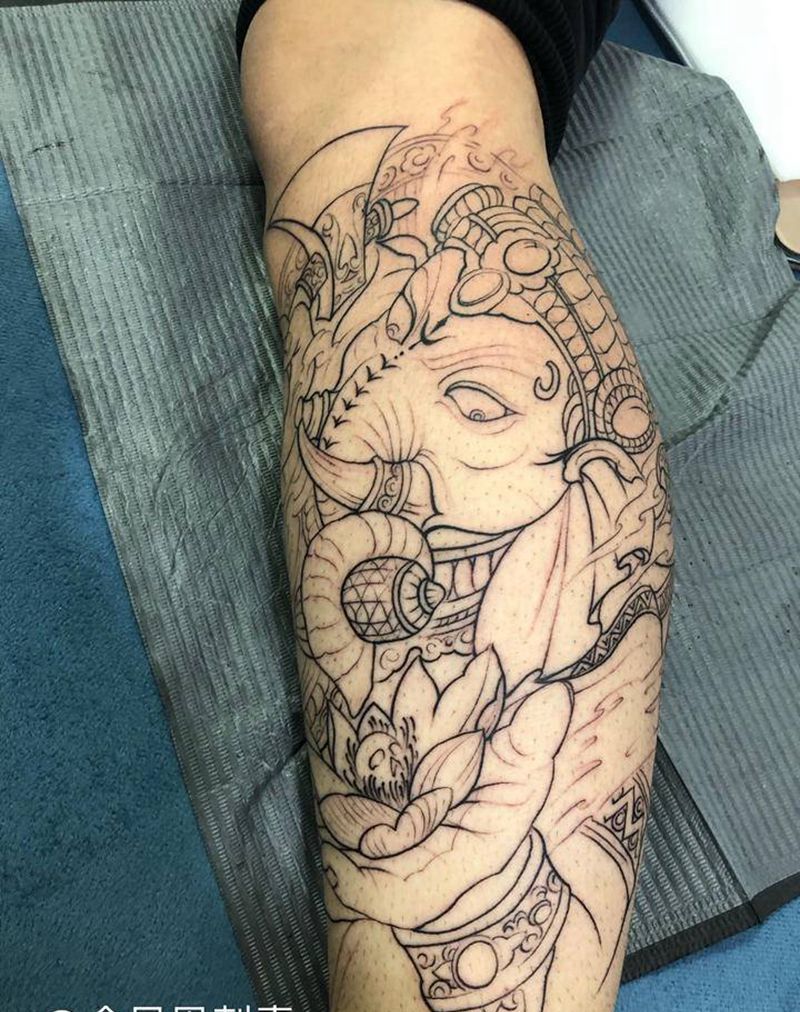象神未完纹身图片_腿部纹身图案