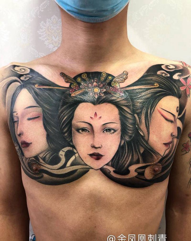 三面艺姬纹身图片_胸部纹身图案