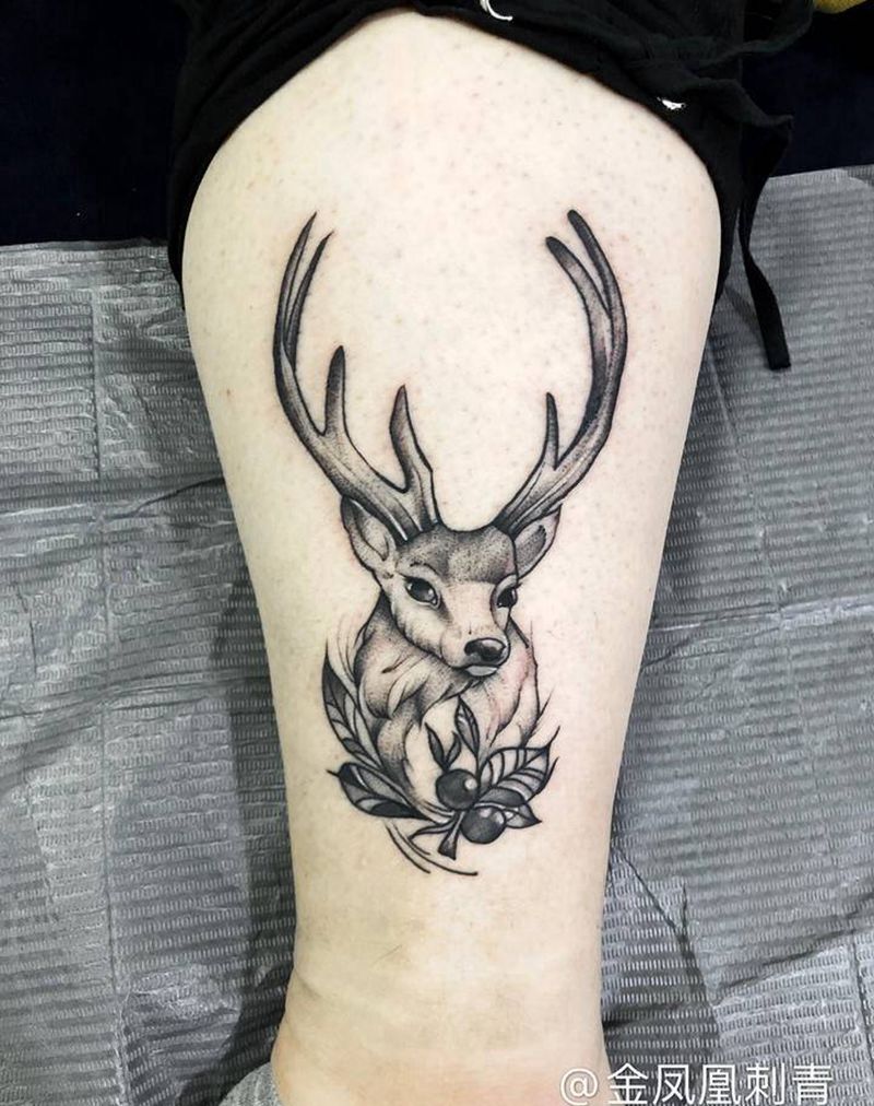 鹿角纹身图片_腿部纹身图案