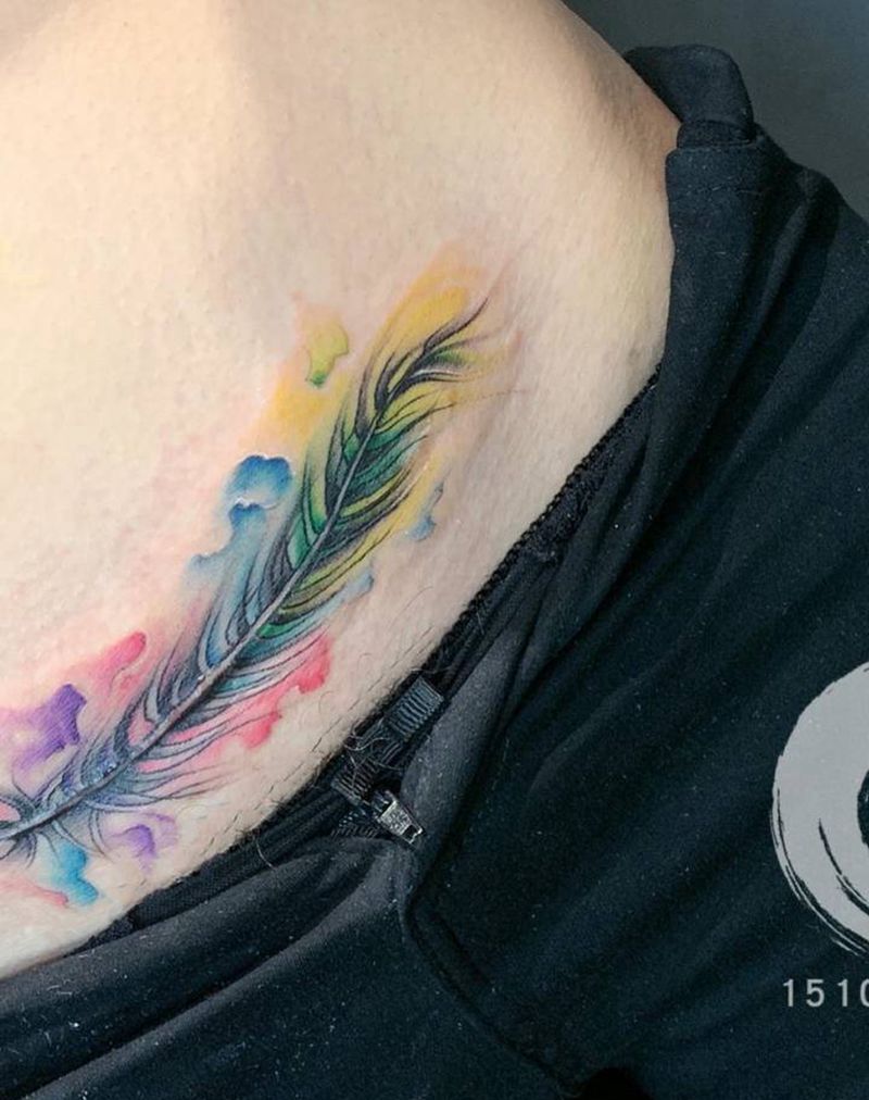 羽毛纹身图片_腹部腰部水彩水墨纹身图案