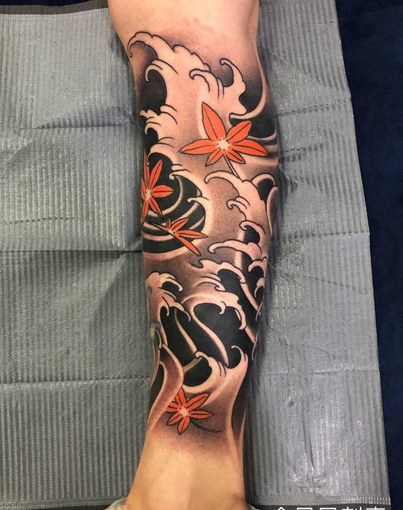 浪花添加纹身图片_腿部纹身图案