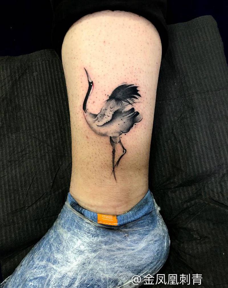 仙鹤纹身图片_腿部纹身图案