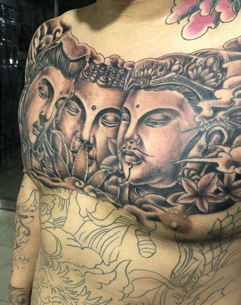 三面佛纹身图片_胸部纹身图案