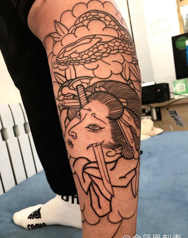 线条纹身图片_腿部纹身图案