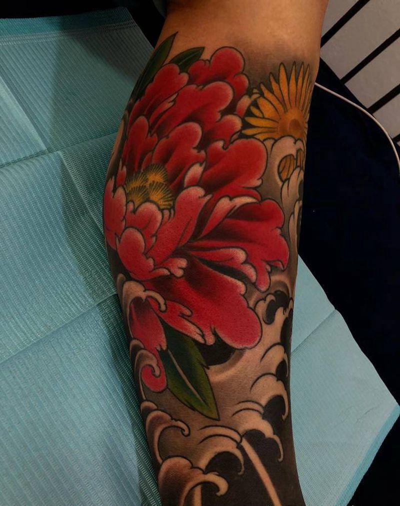 象神牡丹纹身图片_腿部纹身图案