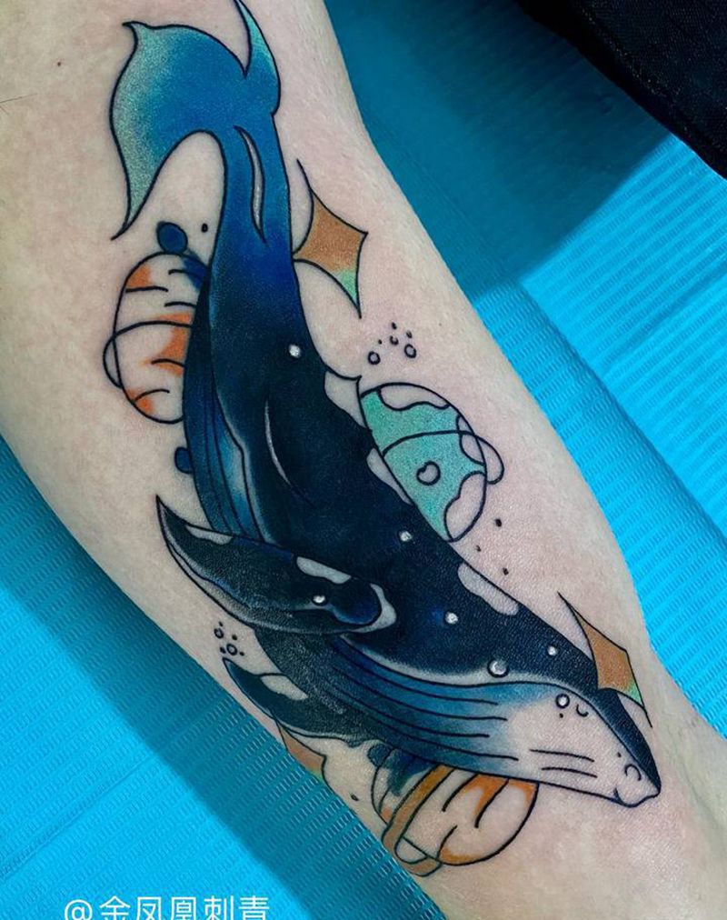 鲸鱼遮盖纹身图片_手臂纹身图案