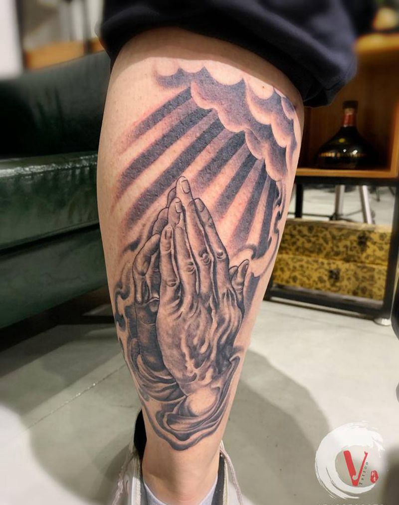 佛手纹身图片_腿部新传统纹身图案