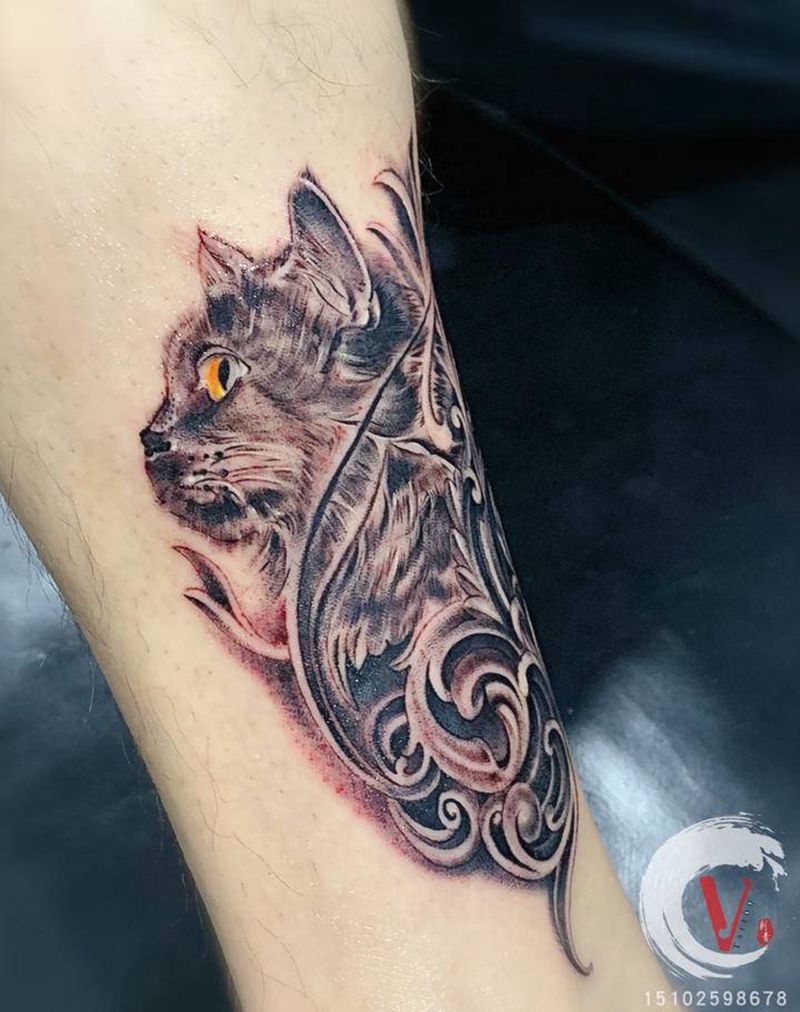 猫纹身图片_腿部脚部欧美写实纹身图案