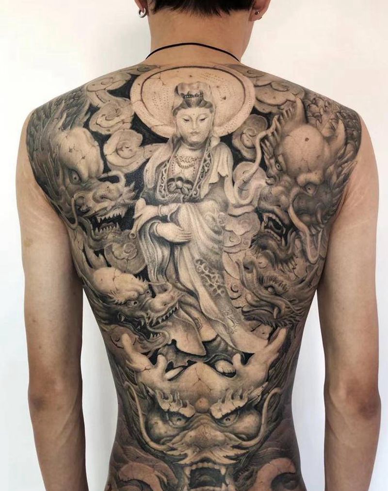 五龙观音纹身图片_背部纹身图案