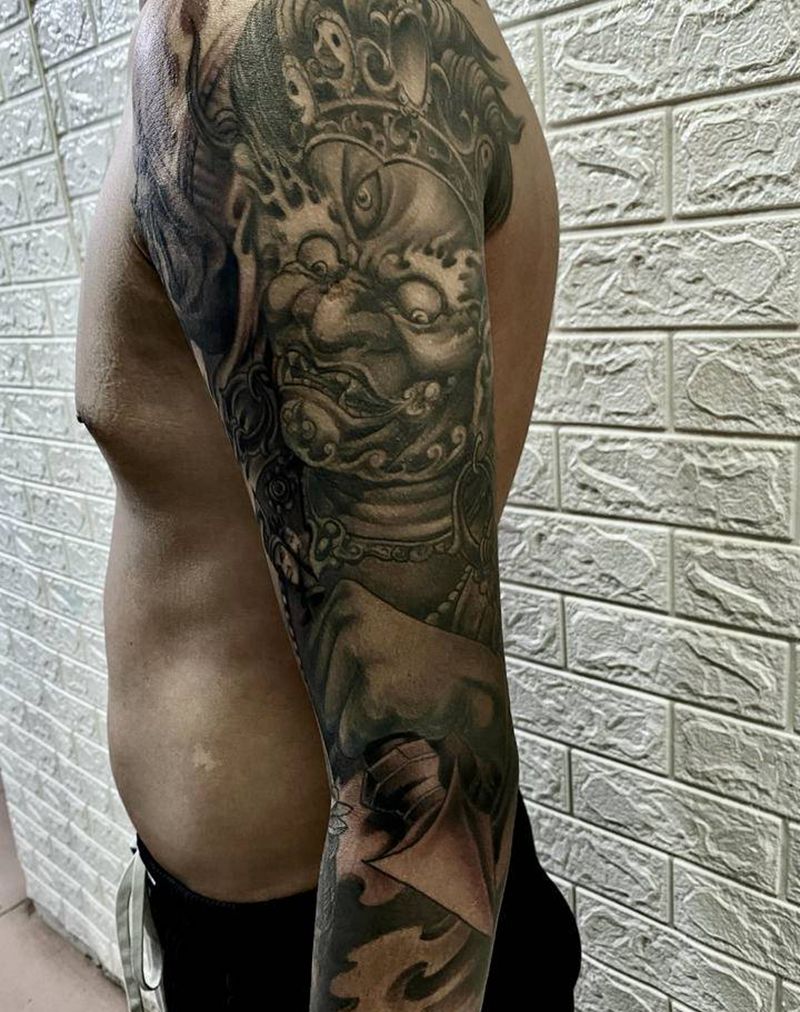 黑天，不动冥王花臂纹身图片_手臂新传统纹身图案