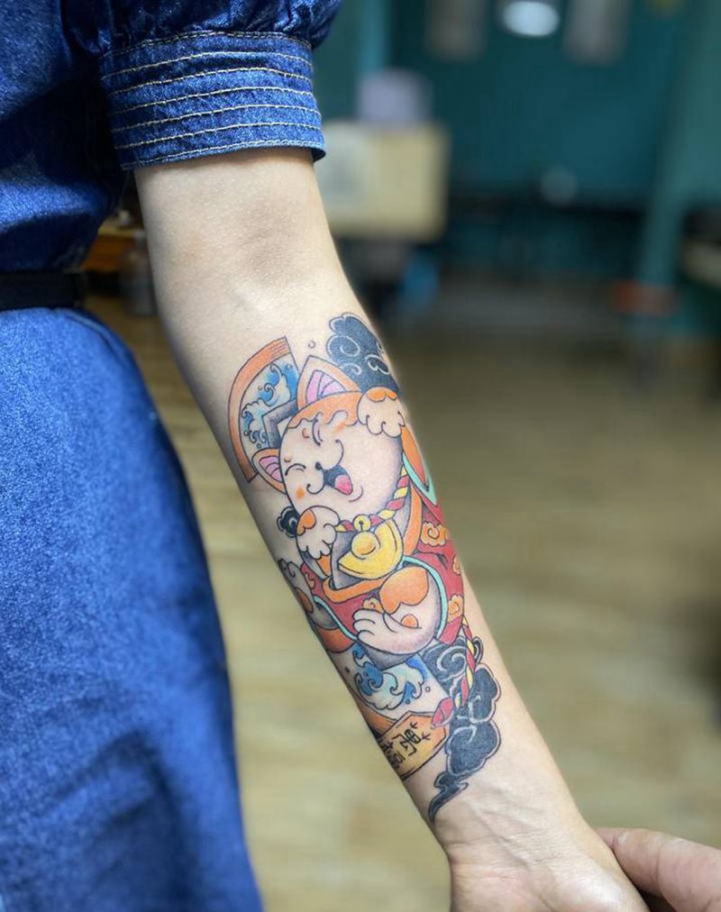 招财猫遮盖纹身图片_手臂新传统纹身图案