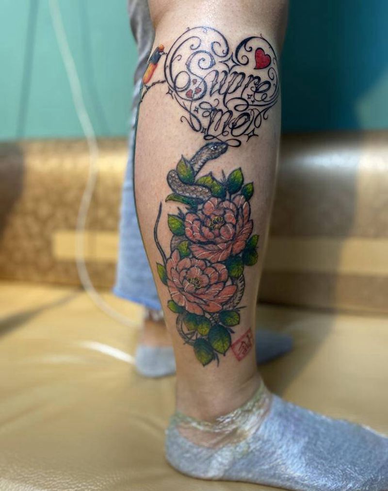 旧图上色纹身图片_腿部水彩点刺纹身图案