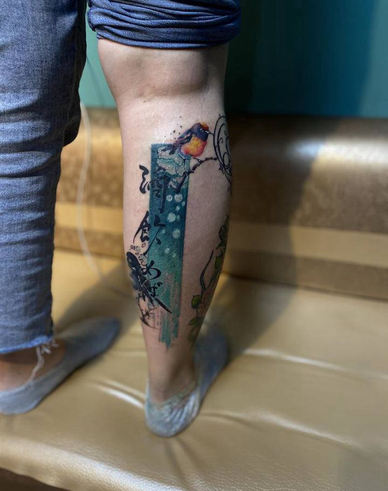 中国风水彩纹身图片_腿部水墨水彩纹身图案