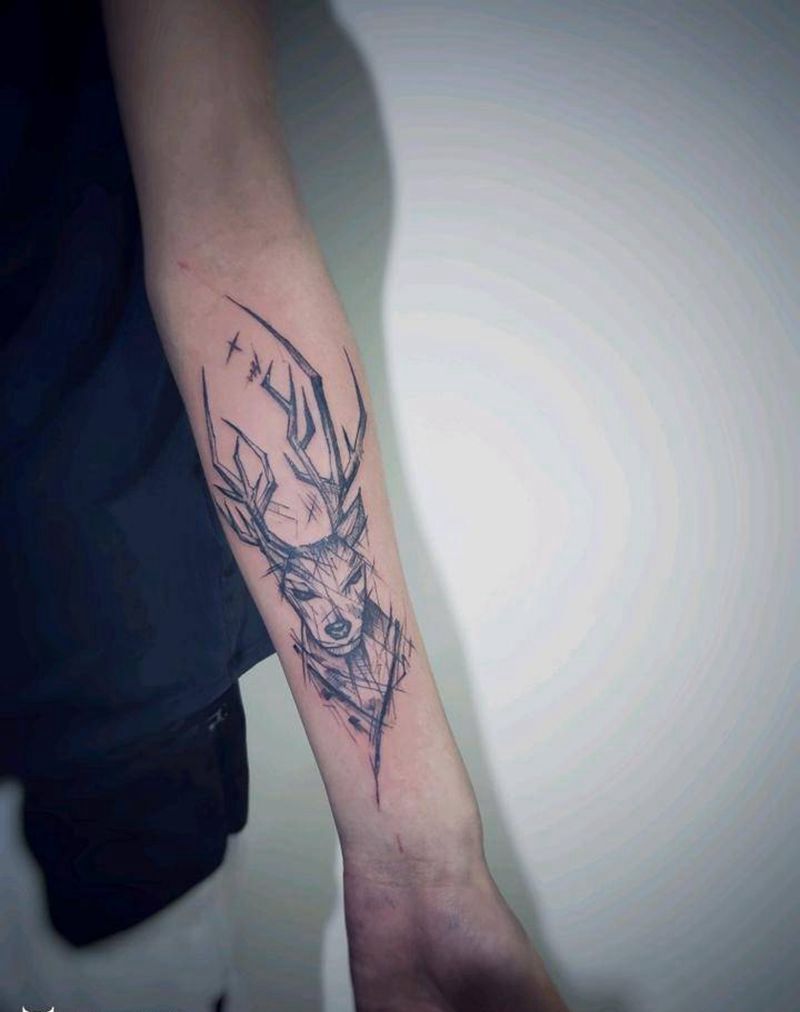 速写鹿纹身图片_手臂几何纹身图案