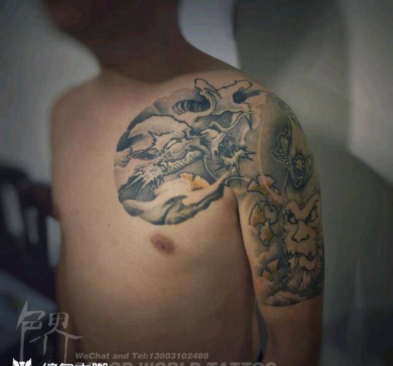 半甲纹身图片_胸部新传统纹身图案