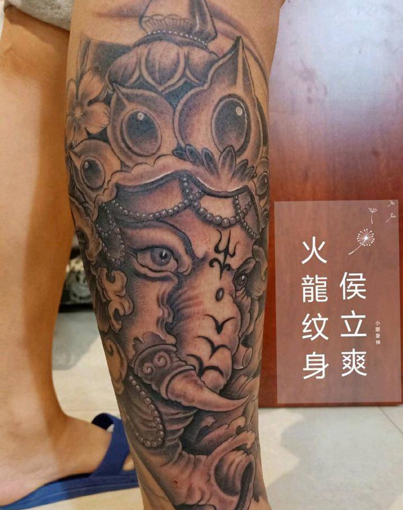 象神纹身图片_腿部新传统象神纹身图案