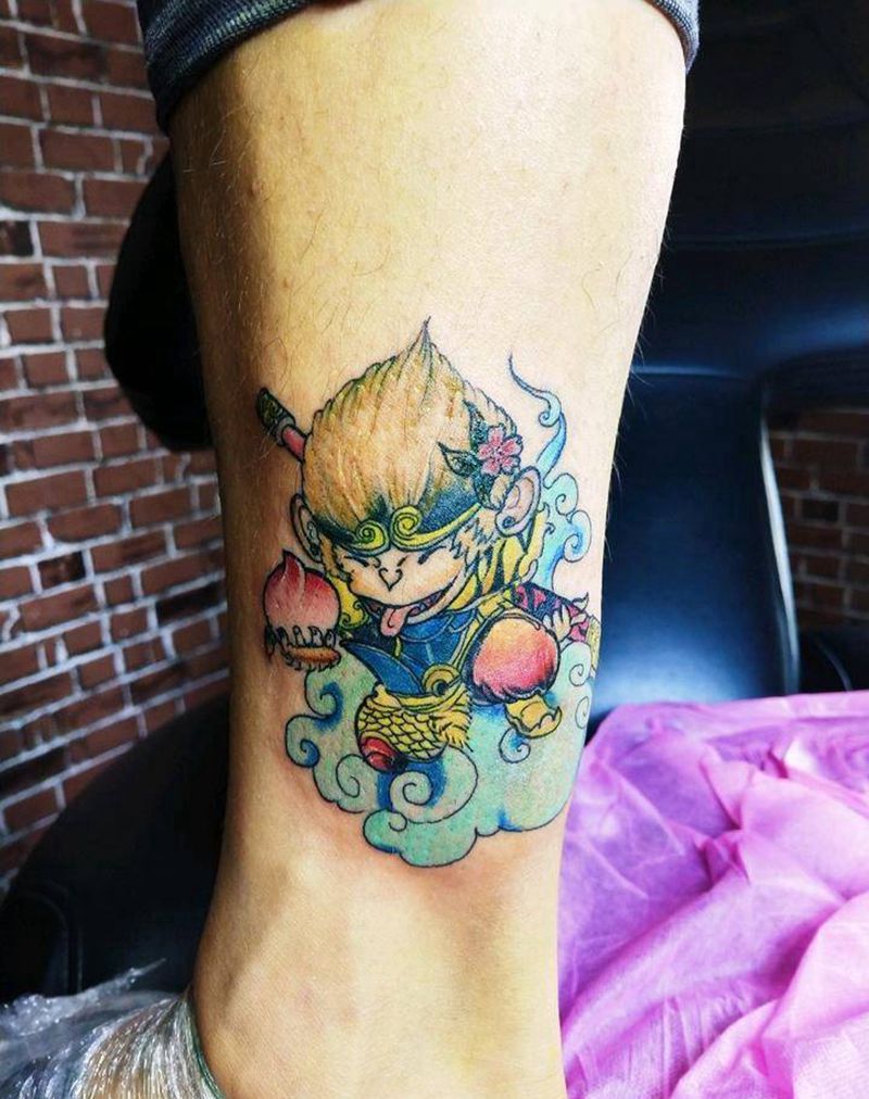 两个徒弟合作完成纹身图片_腿部传统动物人物宗教纹身图案