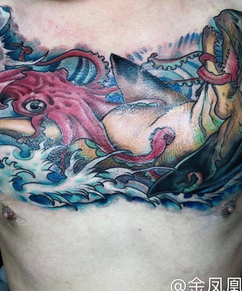 鲨鱼大战八爪鱼纹身图片