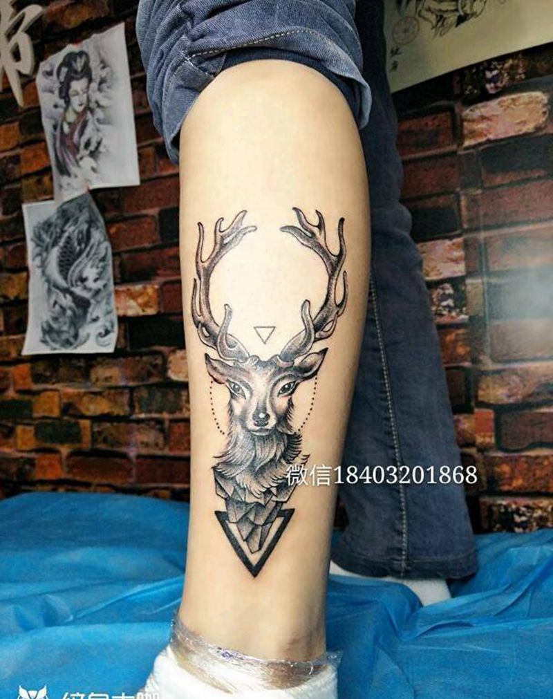 生财有鹿纹身图片_腿部欧美几何动物纹身图案