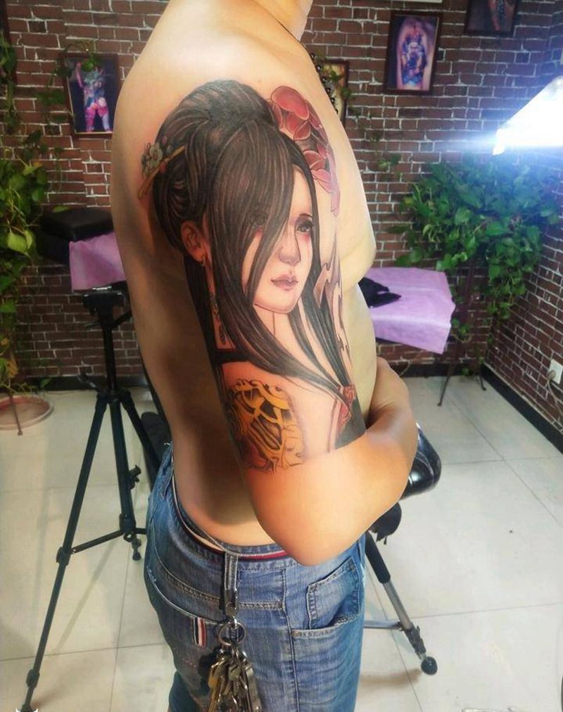 艺妓纹身图片_手臂新传统纹身图案