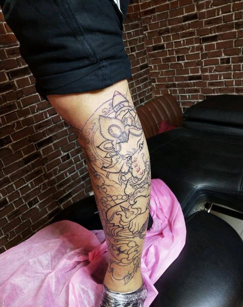 象神包小腿纹身图片_腿部传统鬼神成品纹身图案