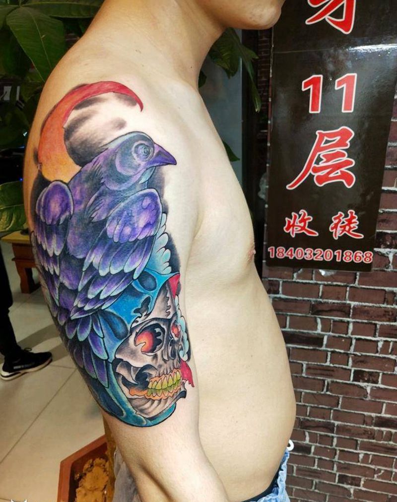 乌鸦纹身图片_New School纹身图案