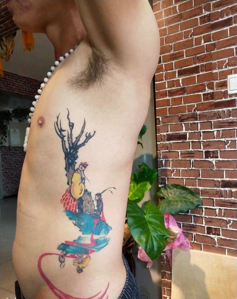 猴子拜师纹身图片_腰部传统人物鬼神成品纹身图案