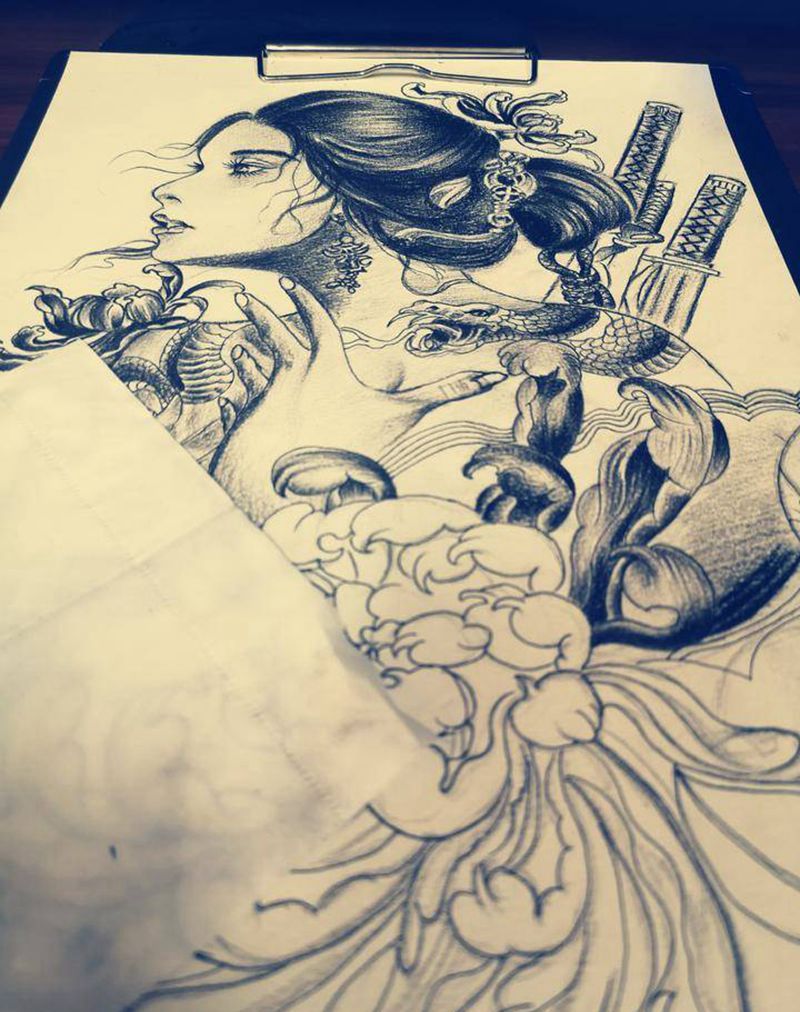 女武士纹身图片_手臂背部新传统纹身图案