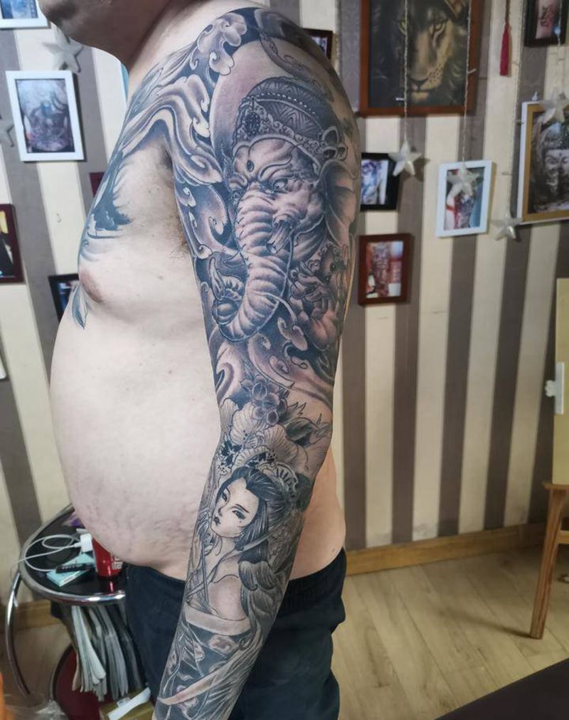 象神，艺伎纹身图片_手臂纹身图案