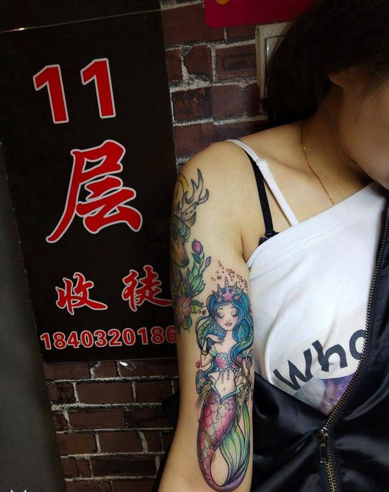 卡通美人鱼纹身图片_手臂New School美人鱼纹身图案