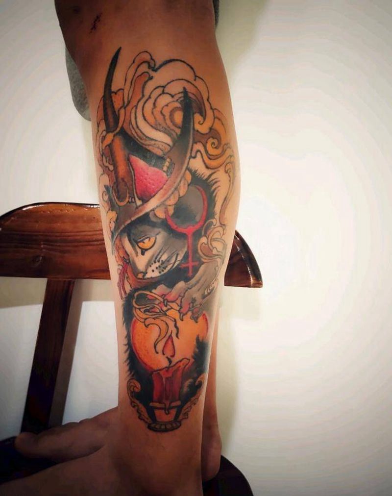 猫妖纹身图片_腿部纹身图案