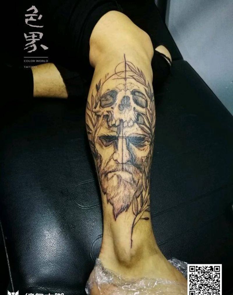 欧美铅笔画风格小腿纹身图片