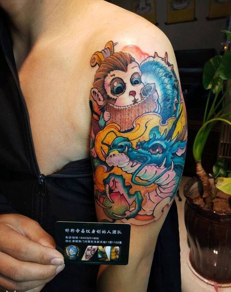 懒得批图可爱纹身图片_肩部手臂老传统New School猴子纹身图案